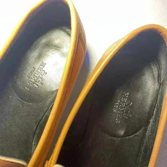 HERMES Paris Loafer 37 7 H Logo Silver Buckle Mules Natural Tan Black Sole - Picture 10 of 12